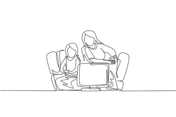 One continuous line drawing of young mother and daughter sitting on sofa while playing video game together at home. Happy family parenthood concept. Dynamic single line draw design vector illustration