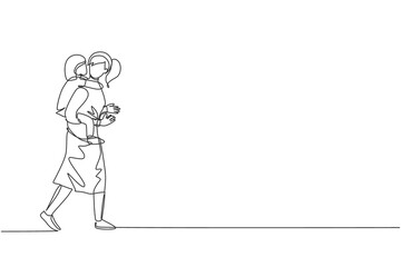 One single line drawing of young mom talking while carrying her sleepy tired daughter on back go to the bed room vector illustration. Happy family parenting concept. Modern continuous line draw design