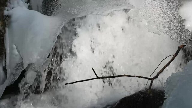 waterfall in winter detailed view