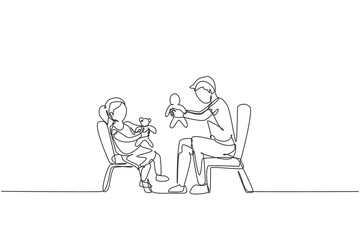 One continuous line drawing young father and his daughter siting on chair and playing princess doll together at home. Happy family concept. Dynamic single line draw design graphic vector illustration