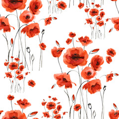 Fototapeta na wymiar Abstract floral seamless pattern painted by brush field poppies
