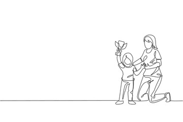 Single continuous line drawing of young mom congratulate her daughter who win first place trophy at study competition. Happy family parenthood concept. Trendy one line draw design vector illustration