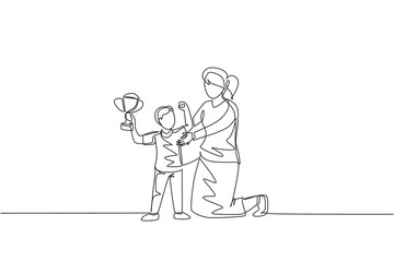 Fototapeta na wymiar Single continuous line drawing of young mother congratulate her son who win first place trophy at study competition. Happy family parenthood concept. Trendy one line draw design vector illustration