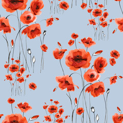 Abstract floral seamless pattern painted by brush field poppies