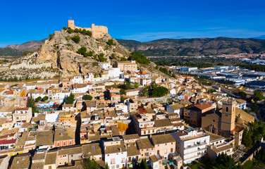 Obraz premium Aerial view of Castalla cityscape with ancient fortified castle, Alicante, Spain