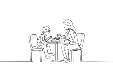 Fototapeta na wymiar Single continuous line drawing of young mother sitting on chair think seriously playing chess against her son at home. Happy family parenthood concept. Trendy one line draw design vector illustration