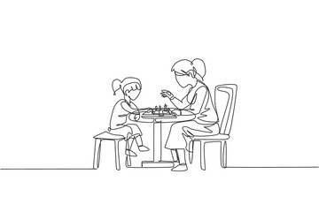 One single line drawing of young mom and her son siting on chair and playing chess game together at home vector illustration. Happy family bonding concept. Modern continuous line draw design graphic