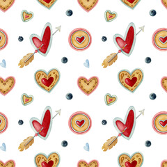 Watercolor seamless pattern with heart, biscuits, berry, and arrow on the light background. Bright illustration. Ideal for textile, wrapping, and other designs.