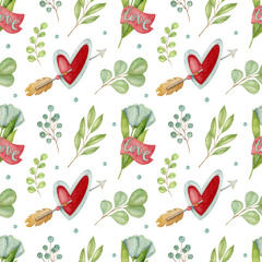 Watercolor seamless pattern with heart, leaf, berry, flower, and arrow on the light background. Bright illustration. Ideal for textile, wrapping, and other designs.