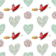 Watercolor seamless pattern with heart, arrow, and flower on the light background. Bright illustration. Ideal for textile, wrapping, and other designs.