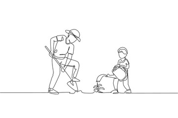 Single continuous line drawing young dad digging ground using shovel and son watering a plant at home garden . Happy family parenthood concept. Trendy one line graphic draw design vector illustration