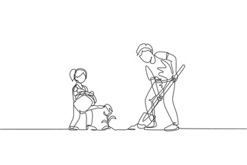 Fototapeta na wymiar One single line drawing young father digging ground using shovel and daughter watering a plant at home garden vector illustration. Happy parenting learning concept. Continuous line graphic draw design