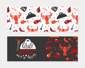 Grill Bistro Hot and Tasty Business Card Template, Hot Barbecue House, Restaurant, Bar Poster, Invitation, Flyer, Promo Design Cartoon Vector Illustration