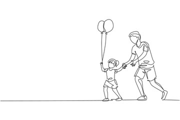 One continuous line drawing young dad and his daughter go to night carnival festival while the kid holding balloon. Happy family parenting concept. Single line draw design vector graphic illustration