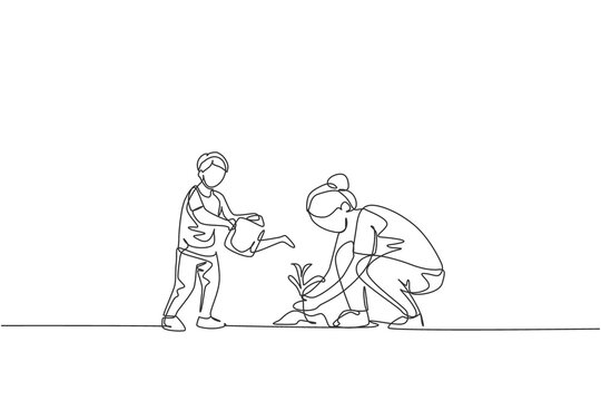 One single line drawing of young mother teach her son planting while the kid watering a plant at home garden vector illustration. Happy parenting learning concept. Modern continuous line draw design