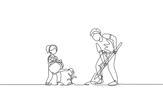 One single line drawing young father digging ground using shovel and daughter watering a plant at home garden vector illustration. Happy parenting learning concept. Continuous line graphic draw design