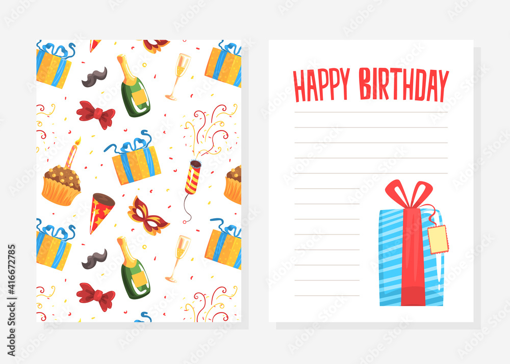 Sticker Happy Birthday Card Template, Celebration Event Invitation Card Front and Back Side Cartoon Vector Illustration