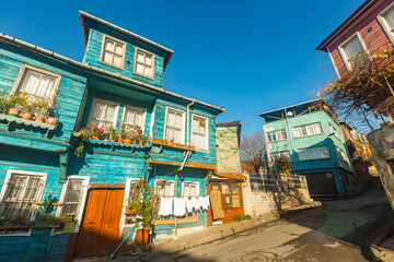 Street in historic quarter Eminonu in Fatih district of Istanbul in Turkey with old poor decrepit...
