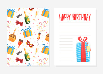 Happy Birthday Card Template, Celebration Event Invitation Card Front and Back Side Cartoon Vector Illustration