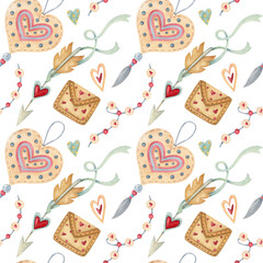 Watercolor seamless pattern with heart, arrow, emblem, and envelope on the light background. Bright illustration. Ideal for textile, wrapping, and other designs.