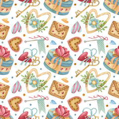 Watercolor seamless pattern with heart, flower, leaf, ribbon, gift box and envelope on the light background. Bright illustration. Ideal for textile, wrapping, and other designs.