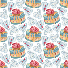 Watercolor seamless pattern with heart, flower, gift box, and marshmallow on the light background. Bright illustration. Ideal for textile, wrapping, and other designs.
