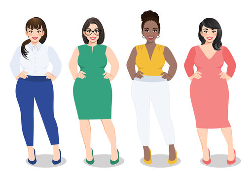 Cartoon vector beautiful plus size curved women in diverse fashion office wear, working women vector.