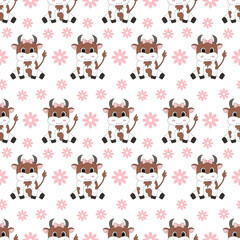 Cute cartoon cow. Vector illustration. Seamless pattern.	