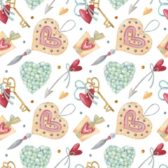 Muurstickers Watercolor seamless pattern with heart, arrow, key, flower, and gift box on the light background. Bright illustration. Ideal for textile, wrapping, and other designs. © Victoria