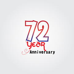 72 years anniversary celebration logotype. anniversary logo with red and blue color isolated on gray background, vector design for celebration, invitation card, and greeting card