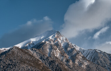 Naklejka na ściany i meble Caucasus mountains. Mount Krasnaya on Arkhyz. Snow peak and mountainside. Trees in the snow.