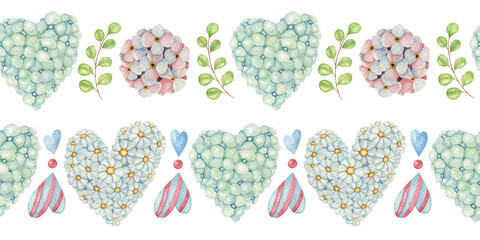 Watercolor seamless border with heart from flowers and leaves. Hand-drawn spring border with bright decor.