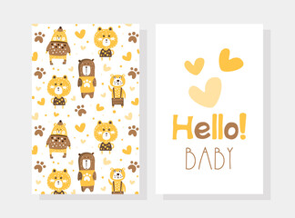 Hello Baby Card Template Front and Back Side, Happy Birthday Invitation Card Design with Funny Bear Characters Cartoon Vector Illustration