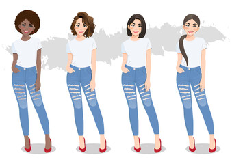 Fototapeta premium Set of diverse girls with different hairstyles in white T-shirts and blue jeans vector