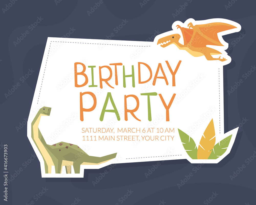 Sticker Birthday Party Banner Template, Kids Celebration Event Card, Poster, Background Cartoon Vector Illustration