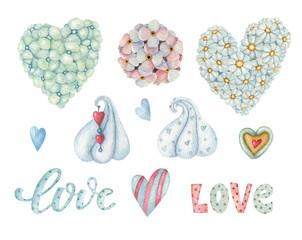 Watercolor set on the light background. Bright hand-painted illustration with marshmallow, heart, flower, camomile, and love lettering.