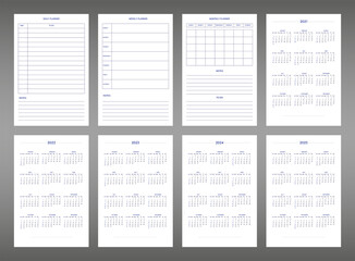 2022 2023 2024 2025 calendar daily weekly monthly personal planner diary template in classic strict style. individual schedule in minimal restrained business design. Week starts on sunday