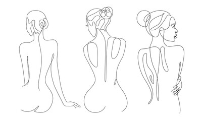 Woman Body One Line Drawing Set. Female Figure Creative Contemporary Abstract Line Drawing. Beauty Fashion Female Naked Body. Vector Minimalist Design for Wall Art, Print, Card, Poster.
