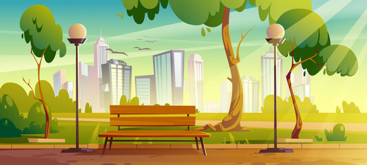 City park with green trees and grass, wooden bench, lanterns and town buildings on skyline. Vector cartoon summer landscape with empty public garden, birds and sun beams © klyaksun