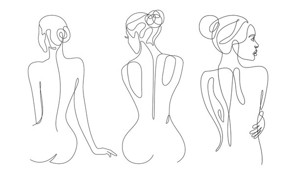 Woman Body One Line Drawing Set. Female Figure Creative Contemporary Abstract Line Drawing. Beauty Fashion Female Naked Body. Vector Minimalist Design for Wall Art, Print, Card, Poster.