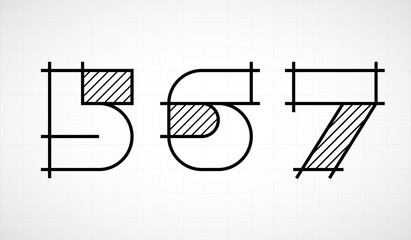 Architech font. Numbers 567. Graphic black and white alphabet. Linear drawing alphabet for banners, logos and texts. Vector illustration.