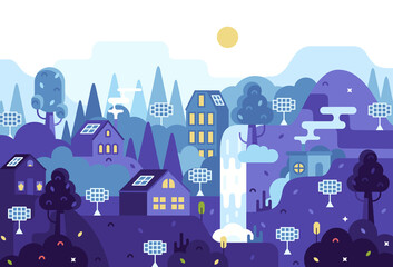 Vector cartoon panorama illustration, concept of village illuminated by a solar panels. © Анастасия Виноградов