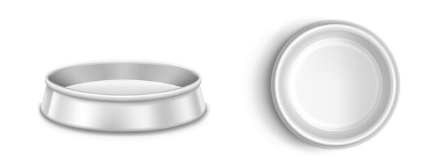 Metal pet bowl, plate for dog or cat in front and top view. Vector realistic mockup of blank steel dish with clean water for domestic animals isolated on white background