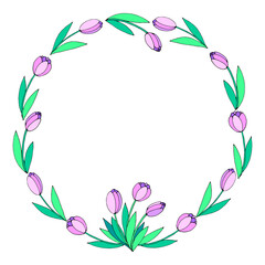 Vector round frame, wreath from pink tulips. Spring flowers. Hand drawn doodle isolated. Background, border, decoration for greeting card, invitation, Valentine's, Women's or Mother day