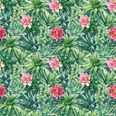 Fototapeten Tropische Blätter Succulent and cactus seamless pattern. Watercolor botanical illustration, background succulents, stone rose  © Hanna