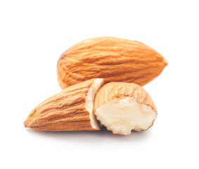 Tasty almonds on white background