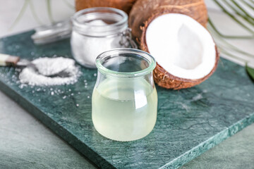 Jar of coconut oil on table
