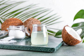 Jar of coconut oil on table
