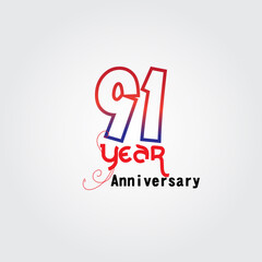 91 years anniversary celebration logotype. anniversary logo with red and blue color isolated on gray background, vector design for celebration, invitation card, and greeting card