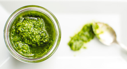 view from above on pesto in glass